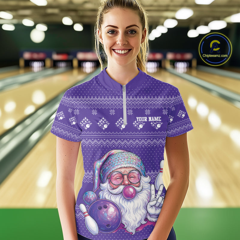 Custom Funny Santa Christmas Women Bowling Quarter-Zip Shirts, Purple Xmas Team Outfit IPHW10141