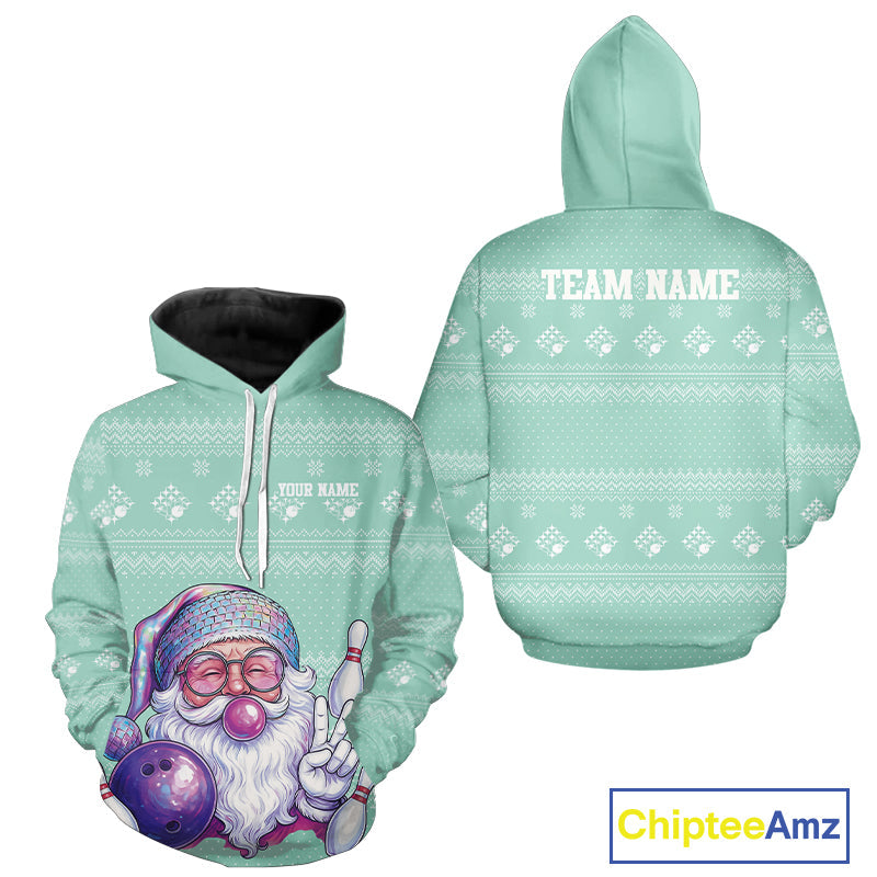 Custom Funny Santa Christmas Men And Women Bowling Hoodie Shirts, Mint Green Xmas Team Outfit IPHW10143