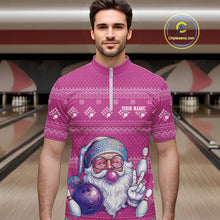 Load image into Gallery viewer, Custom Funny Santa Christmas Men Bowling Quarter-Zip Shirts, Bright Magenta Xmas Team Outfit IPHW10144