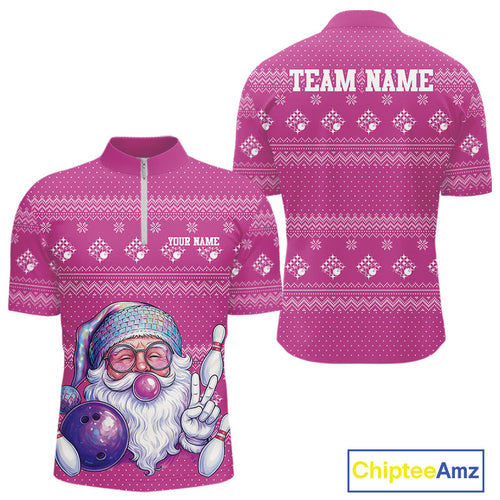 Custom Funny Santa Christmas Men Bowling Quarter-Zip Shirts, Bright Magenta Xmas Team Outfit IPHW10144
