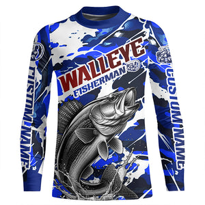 Personalized Walleye Fisherman Long Sleeve Fishing Shirt, Red White And Blue Camo Fishing Jerseys IPHW6458