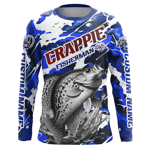 Personalized Crappie Fisherman Long Sleeve Fishing Shirt, Red White And Blue Camo Fishing Jerseys IPHW6459