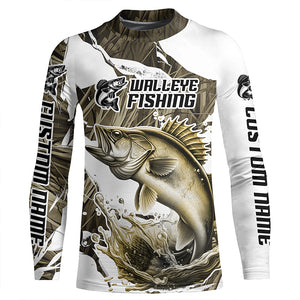 Grass Camo Custom Walleye Fishing Long Sleeve Tournament Fishing Shirts, Walleye Fishing Apparel IPHW6461