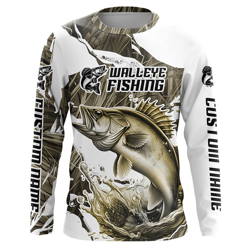 Grass Camo Custom Walleye Fishing Long Sleeve Tournament Fishing Shirts, Walleye Fishing Apparel IPHW6461