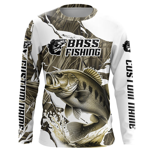 Grass Camo Custom Smallmouth Bass Fishing Long Sleeve Fishing Shirts, Smallmouth Fishing Apparel IPHW6462