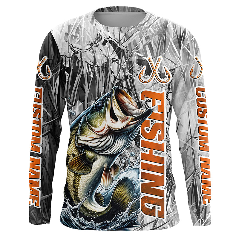 Largemouth Bass Fishing Custom Long Sleeve Tournament Fishing Shirts, Gray Camo Bass Fishing Jerseys IPHW6463