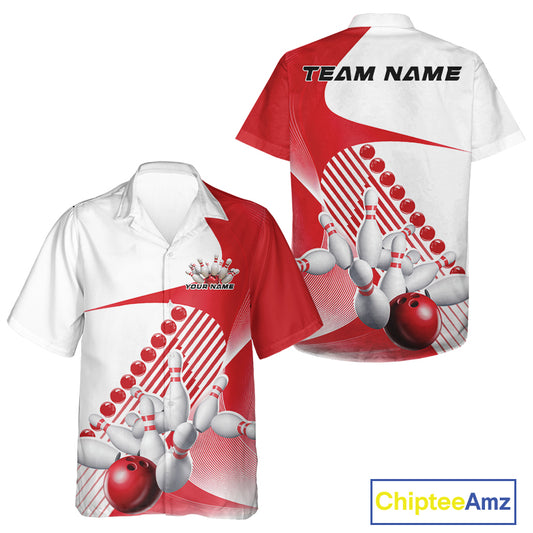 Front and back view of a button-up bowling shirt mockup in white and red, featuring asymmetric wavy geometric stripes with a bowling strike design.