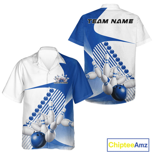 Front and back view of a button-up bowling shirt mockup in white and blue, featuring asymmetric wavy geometric stripes and a dynamic bowling strike illustration.