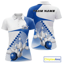 Load image into Gallery viewer, Front and back view of a womens bowling polo shirt mockup in white and blue, featuring asymmetric wavy geometric stripes with a dynamic bowling strike graphic.