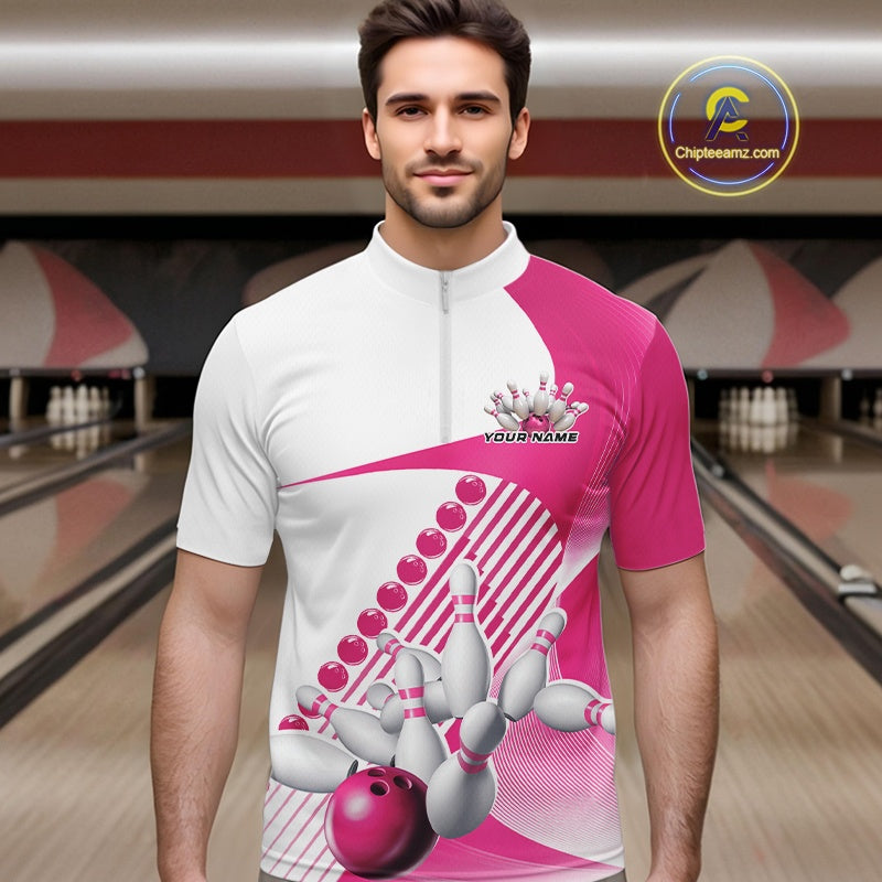 Male model in a bowling lane wearing a white and pink quarter zip shirt, featuring asymmetric wavy geometric stripes with a dynamic bowling strike graphic.