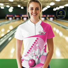 Load image into Gallery viewer, Custom White And Pink Bowling Ball And Pins Women Quarter-Zip Shirt, Bowling Jerseys IPHW11320