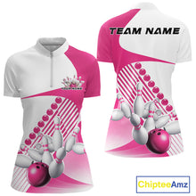 Load image into Gallery viewer, Custom White And Pink Bowling Ball And Pins Women Quarter-Zip Shirt, Bowling Jerseys IPHW11320