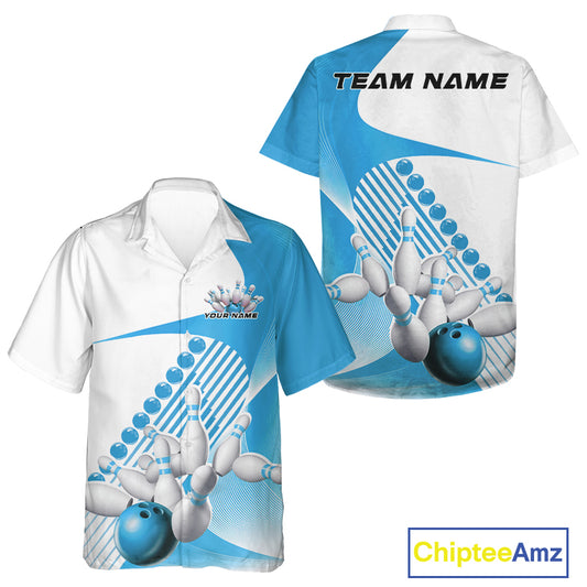 Front and back view of a button-up bowling shirt mockup in white and light blue, featuring asymmetric wavy geometric stripes and a dynamic bowling strike design.