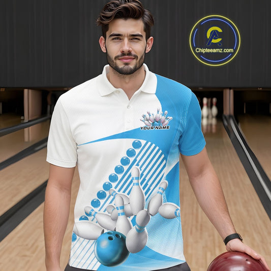 Male model in a bowling lane wearing a white and light blue polo shirt with flowing geometric stripes and a bowling strike illustration.