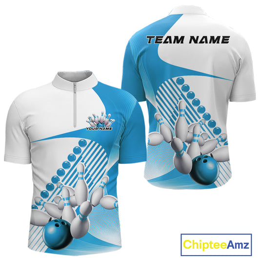 Front and back view of a mens bowling quarter zip shirt mockup in white and light blue, featuring asymmetric wavy geometric stripes and bowling strike artwork.