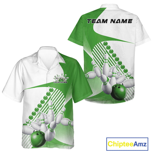 Front and back view of a button-up bowling shirt mockup in white and green, featuring asymmetric wavy geometric stripes with a dynamic bowling strike graphic.