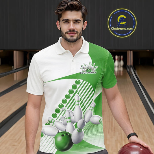 Male model in a bowling lane wearing a white and green polo shirt with wavy geometric stripes and a bowling strike illustration.