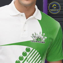 Load image into Gallery viewer, Custom White And Green Bowling Ball And Pins Men Polo Shirt, Bowling Team Jerseys IPHW11322