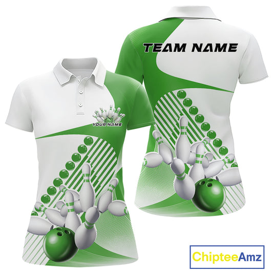 Front and back view of a womens bowling polo shirt mockup in white and green, featuring asymmetric wavy geometric stripes with a dynamic bowling strike graphic.