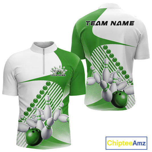 Front and back view of a mens bowling quarter zip shirt mockup in white and green, featuring asymmetric wavy geometric stripes with a bowling strike graphic.