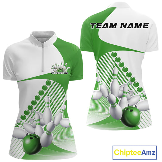 Front and back mockup of a women s white and green bowling quarter zip featuring asymmetric wavy geometric stripes and a dynamic bowling strike graphic.