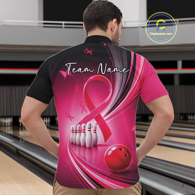 Front view of a male model in a black and pink bowling quarter zip featuring breast cancer awareness ribbons and bowling graphics