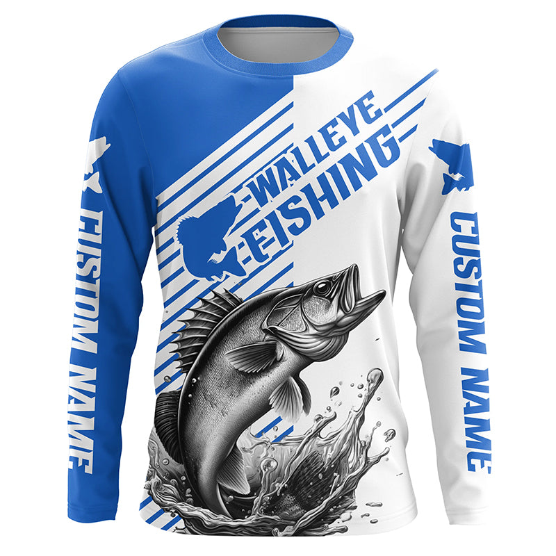 Walleye Fishing Customized Name Long Sleeve Tournament Shirts, Walleye Fishing Jerseys | Blue IPHW6651