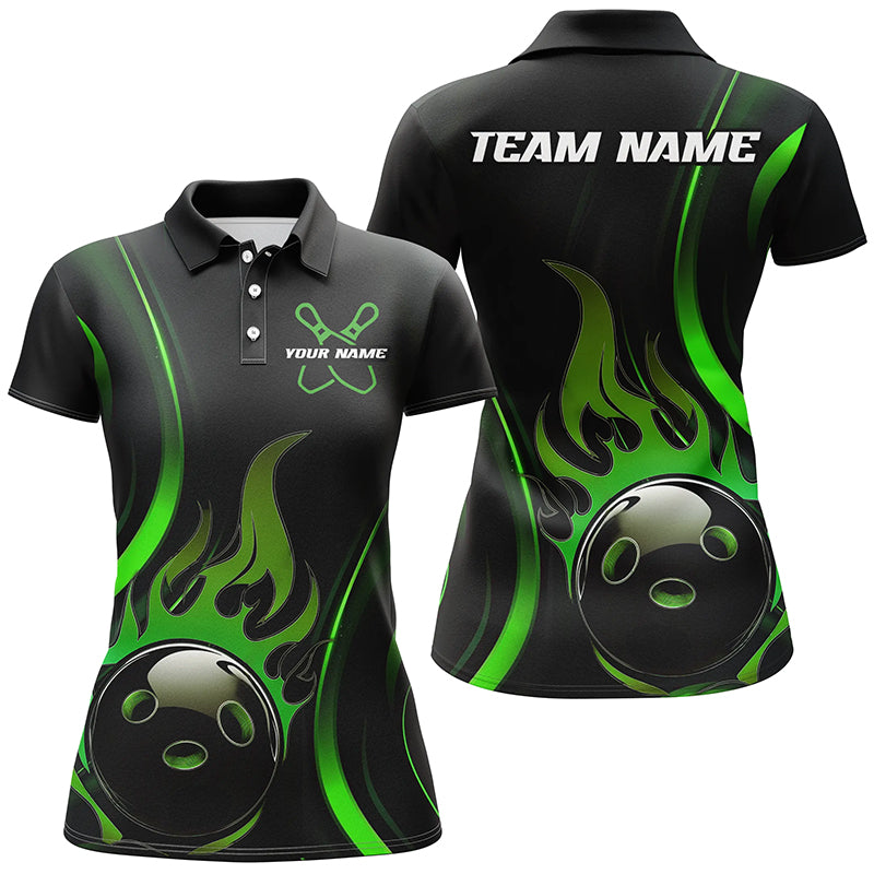 Custom Green Flame Bowling Polo Shirts For Women, Team Bowling League Shirts IPHW6987