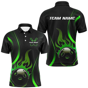 Custom Green Flame Bowling Polo Shirts For Men, Team Bowling League Shirts IPHW6987