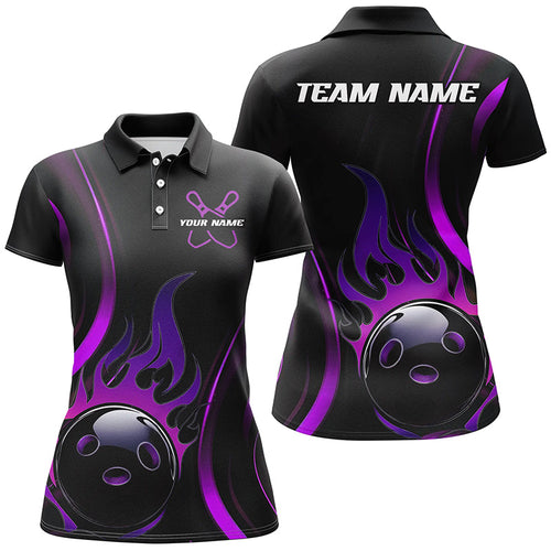 Custom Purple Flame Bowling Polo Shirts For Women, Team Bowling League Shirts IPHW6988