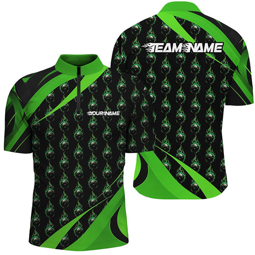 Customized Green Flame Bowling Shirts For Men And Women, Team Bowling Jerseys With Name IPHW6991