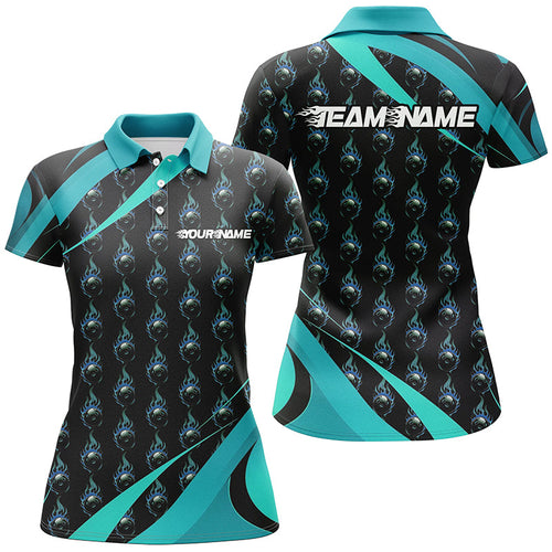 Customized Blue Flame Bowling Shirts For Women, Team Bowling Jerseys With Name IPHW6992