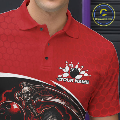 Custom Red Fire Flame Grim Reaper Skull Halloween Men Bowling Polo Shirt, Bowler Outfit IPHW11655