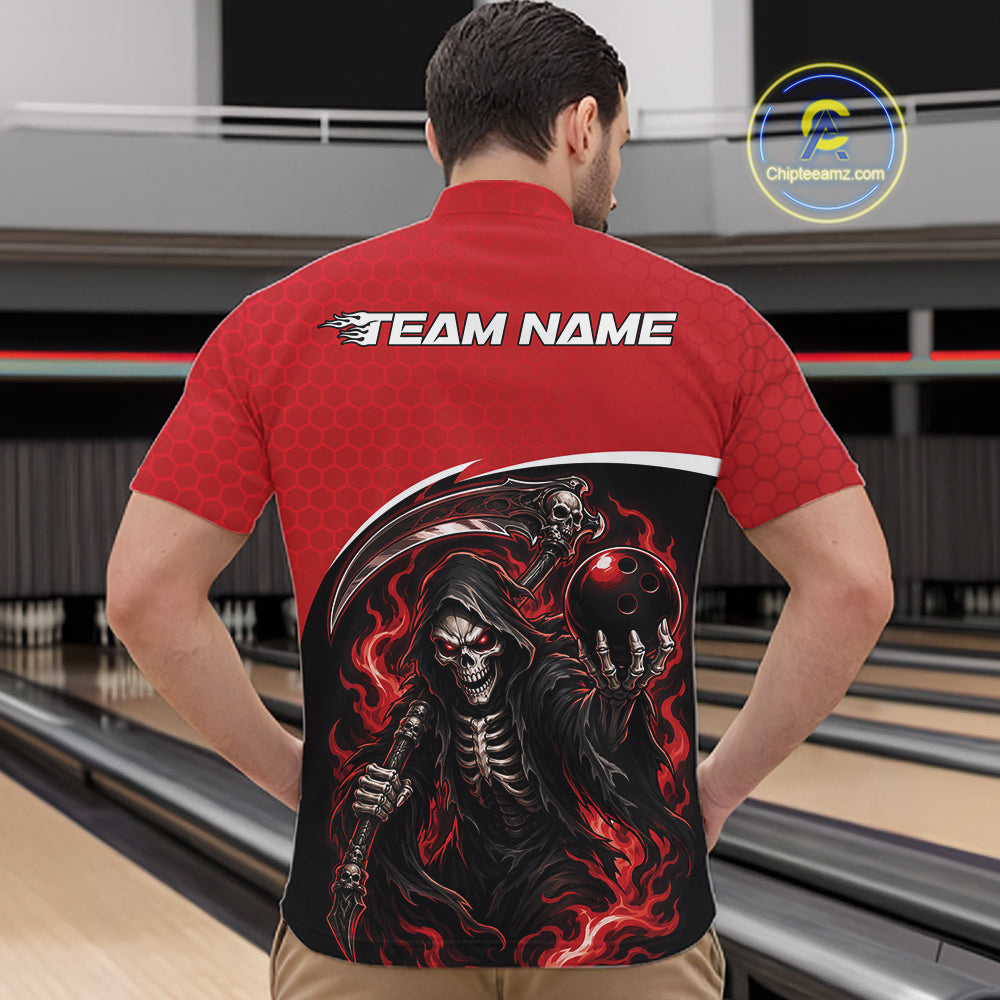 Custom Red Fire Flame Grim Reaper Skull Halloween Men Bowling Quarter Zip Shirt, Bowler Outfit IPHW11655
