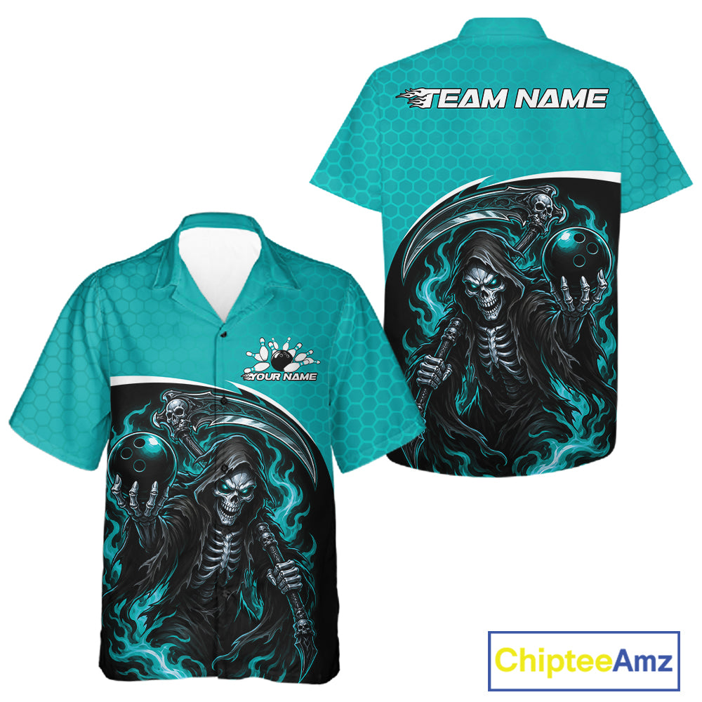 Custom Teal Blue Fire Flame Grim Reaper Skull Halloween Men And Women Bowling Hawaiian Shirt IPHW11656