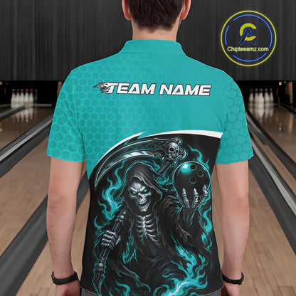 Custom Teal Blue Fire Flame Grim Reaper Skull Halloween Men Bowling Polo Shirt IPHW11656