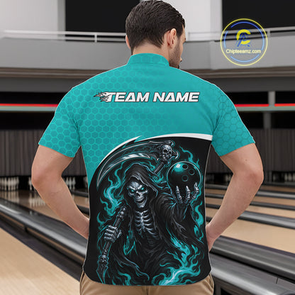 Custom Teal Blue Fire Flame Grim Reaper Skull Halloween Men Bowling Quarter Zip Shirt IPHW11656