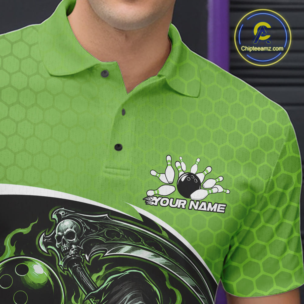 Custom Green Fire Flame Grim Reaper Skull Halloween Men Bowling Polo Shirt, Bowler Outfit IPHW11657