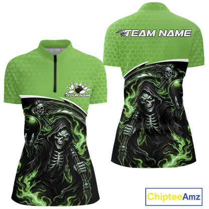 Custom Green Fire Flame Grim Reaper Skull Halloween Women Bowling Shirt, Bowler Outfit IPHW11657