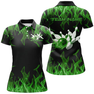 Black And Green Custom Flame Ladies Bowling Shirts, Bowling Team Shirt Bowling Uniform IPHW7519