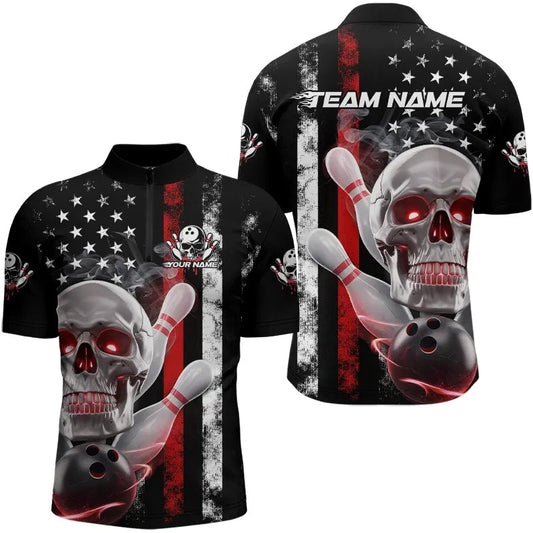 Red Thin Line American Flag Custom Patriotic US Skull Bowling Quarter-Zip Shirts For Men IPHW8186