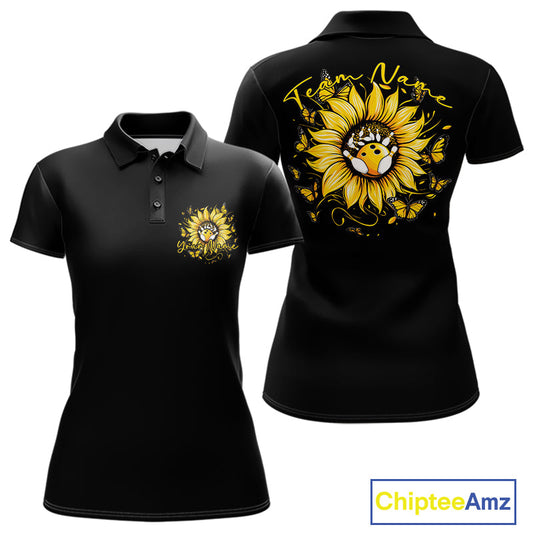 Custom Butterfly Sunflower Bowling Women Polo Shirts, Sunflower Bowling Tournament Shirt IPHW10264
