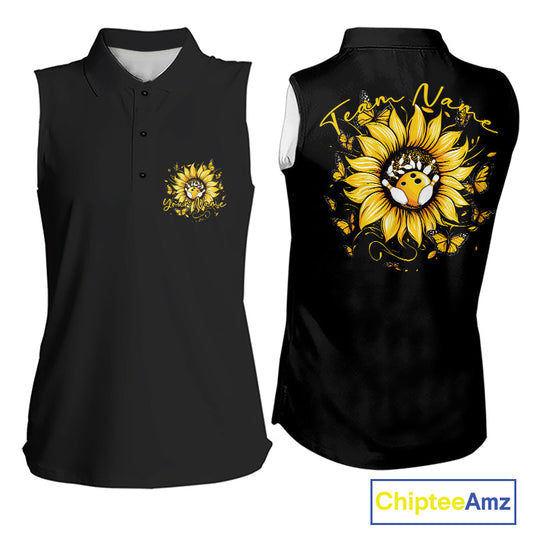 Custom Butterfly Sunflower Bowling Women Sleeveless Polo Shirts, Bowling Tournament Shirt IPHW10264