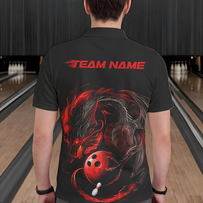 Custom Black And Red Dragon Bowling Polo Shirts For Men, Dragon Bowling Tournament Team Shirt IPHW8418