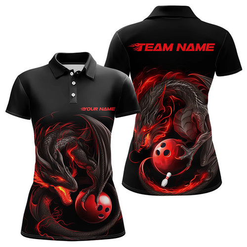Custom Black And Red Dragon Womens Bowling Polo Shirt, Dragon Bowling Tournament Team Shirt IPHW8418