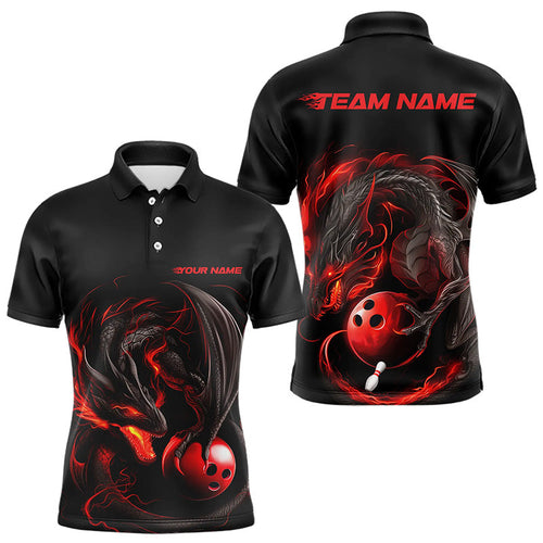 Custom Black And Red Dragon Bowling Polo Shirts For Men, Dragon Bowling Tournament Team Shirt IPHW8418