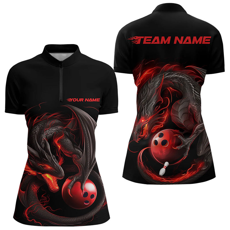 Custom Black And Red Dragon Bowling Womens Quarter-Zip Shirts, Dragon Bowling Team Shirt IPHW8418