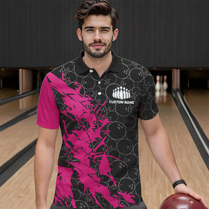 Black And Pink Custom Bowling Tournament Polo Shirts For Men, Bowling Pattern Team Jerseys IPHW8422