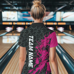 Black And Pink Custom Bowling Tournament Polo Shirts For Women, Bowling Pattern Team Jersey IPHW8422