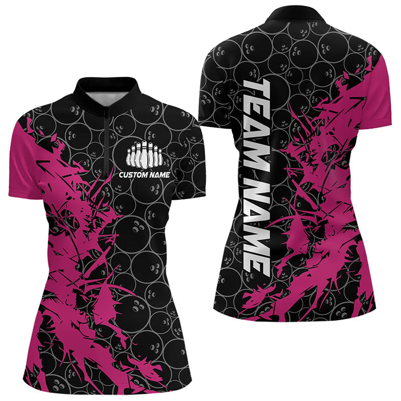 Black And Pink Custom Bowling Tournament Womens Quarter-Zip Shirts, Bowling Team Jerseys IPHW8422